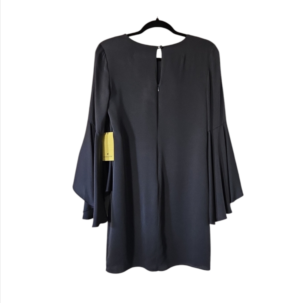 Milly Women's Gray 3/4 Bell-Sleeve Keyhole Stretch Silk Shift Mini Dress Size 4 - Picture 4 of 12
